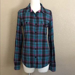 Roxy Teal, Black & Pink Plaid Fitted Button Down